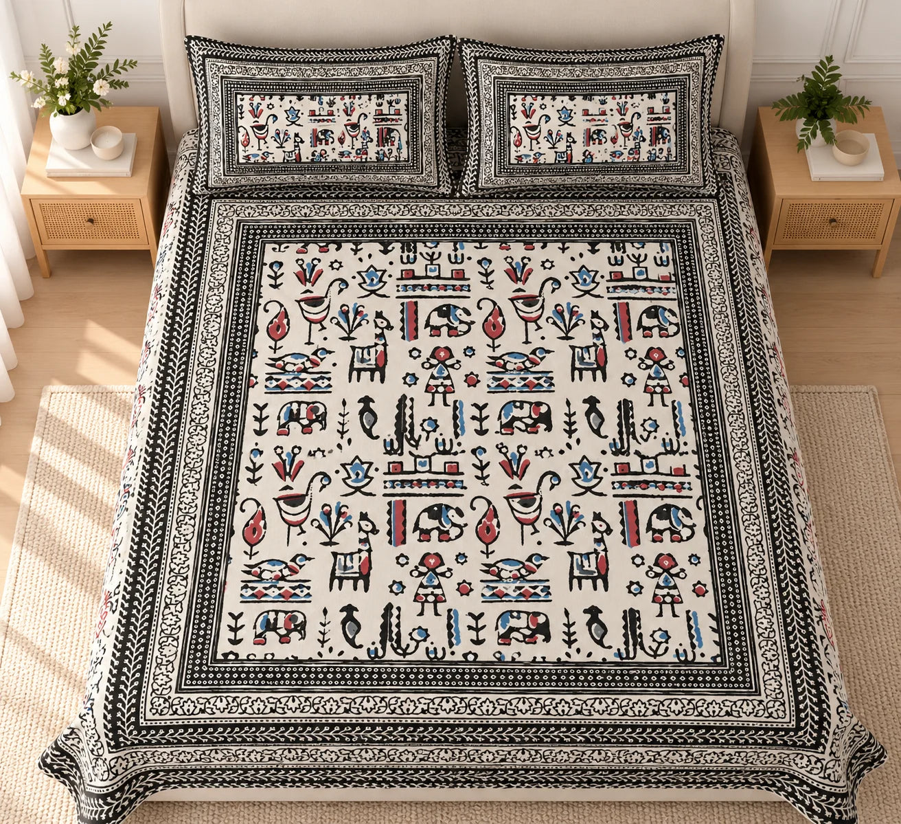 Black & Ivory Traditional Folk Art Printed Bedsheet Set - Rangshee
