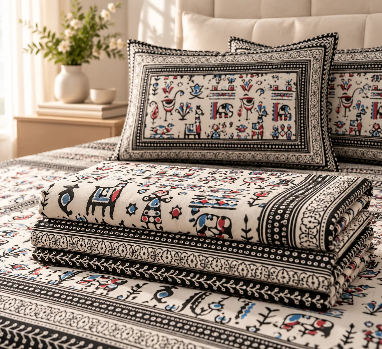 Black & Ivory Traditional Folk Art Printed Bedsheet Set - Rangshee