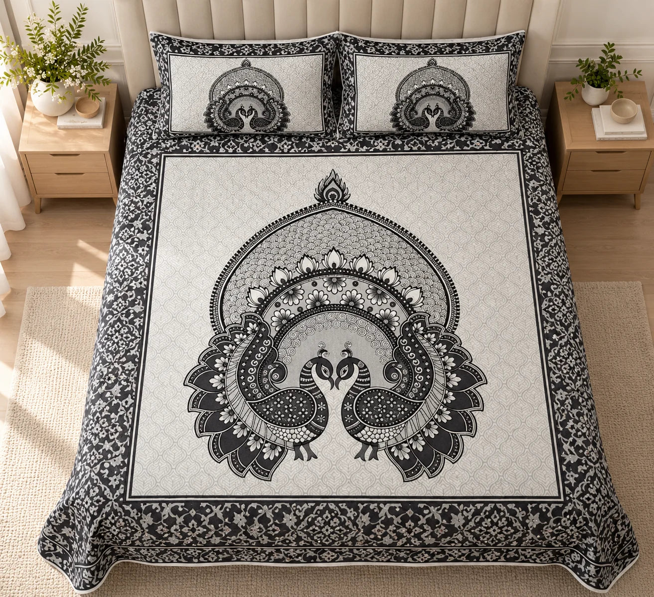 Black & Ivory Peacock Mandala Printed Bedsheet Set - Rangshree