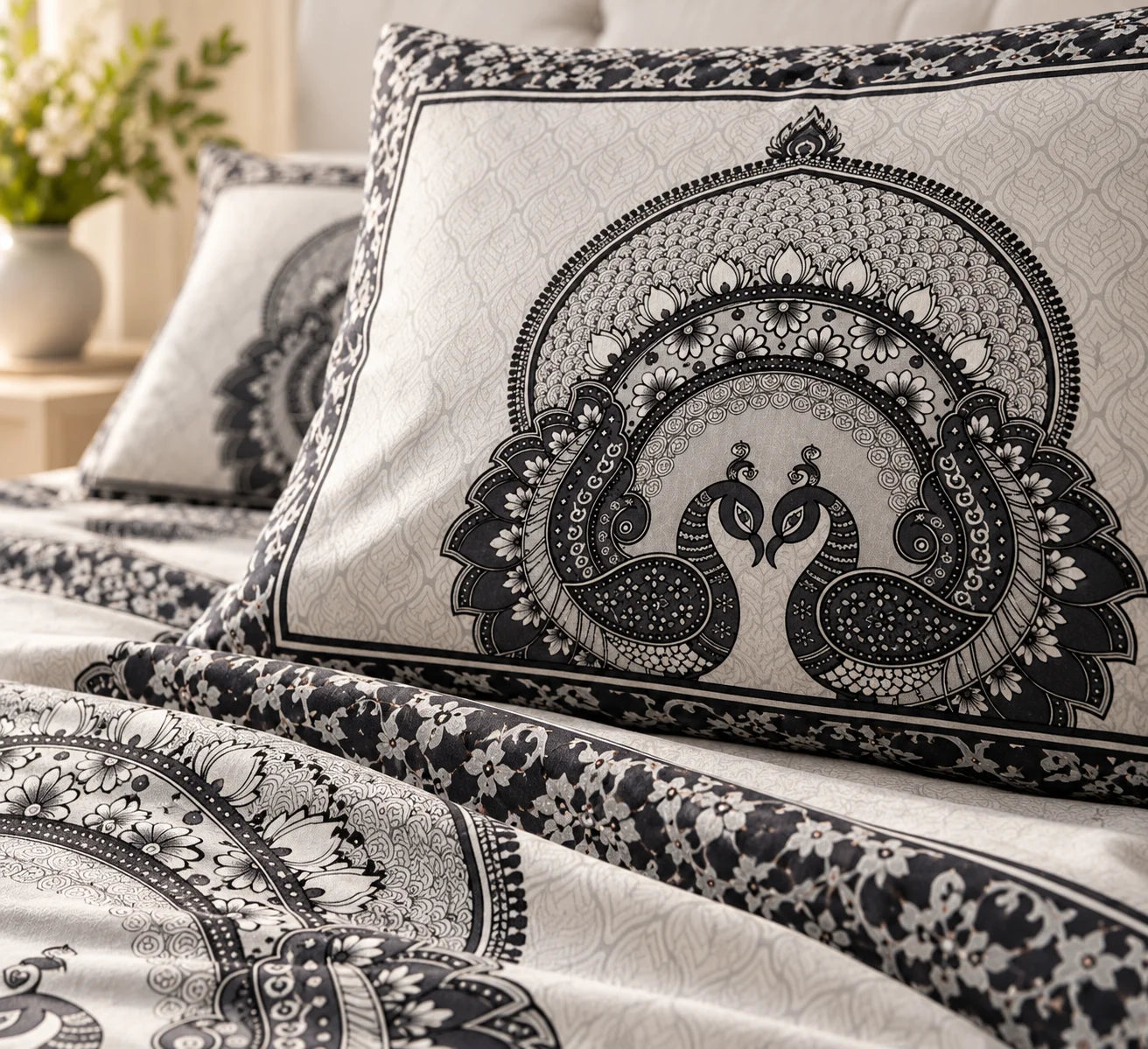 Black & Ivory Peacock Mandala Printed Bedsheet Set - Rangshree