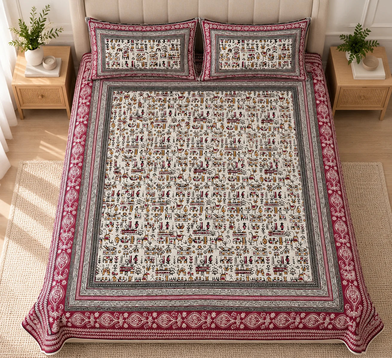 Maroon & Ivory Traditional Folk Art Printed Bedsheet Set - Rangshee