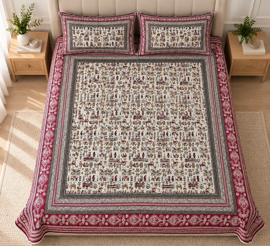 Maroon & Ivory Traditional Folk Art Printed Bedsheet Set - Rangshee