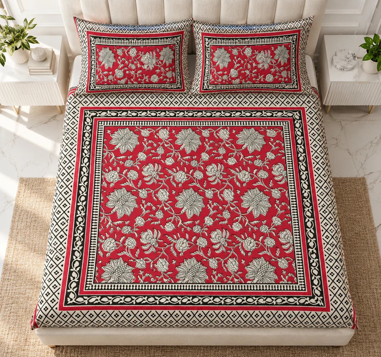 Crimson Bloom Floral Printed Bedsheet Set - Rangshee