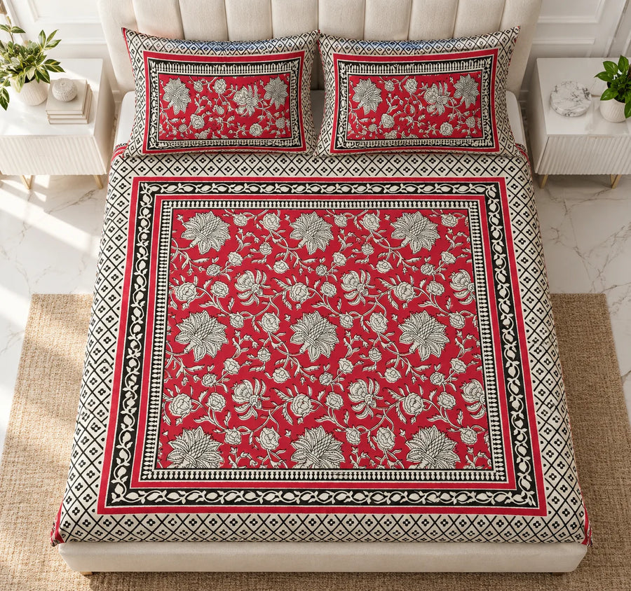 Crimson Bloom Floral Printed Bedsheet Set - Rangshee