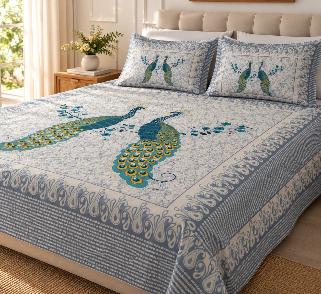 Elegant Peacock Print Bedsheet Set - Rangshree