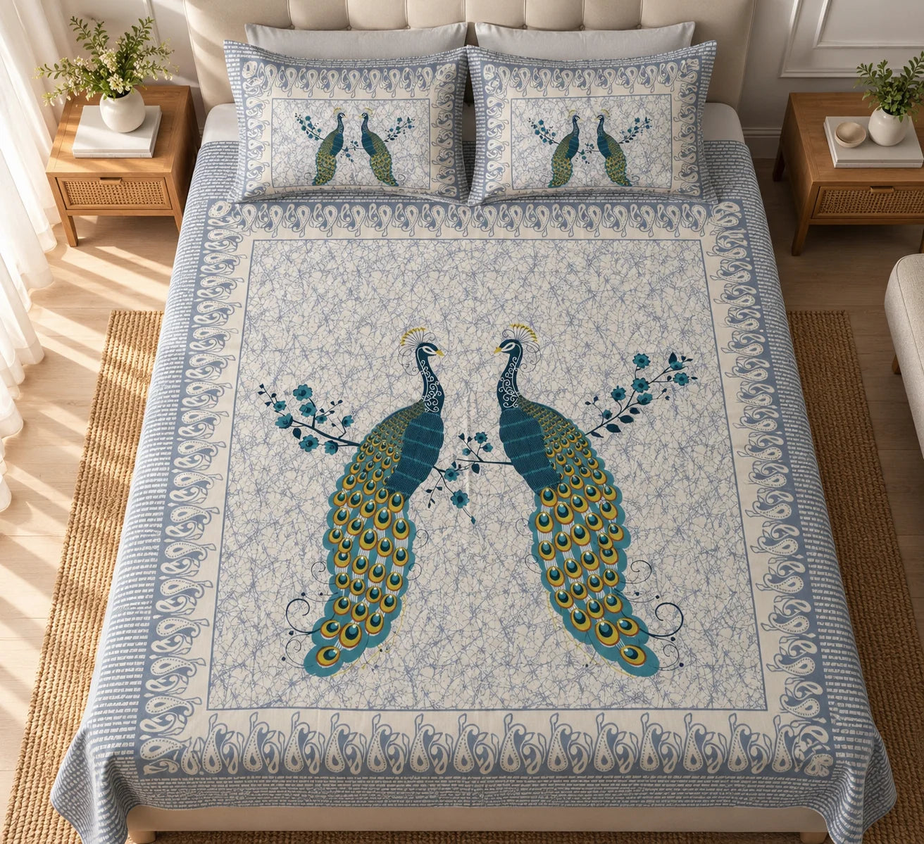 Elegant Peacock Print Bedsheet Set - Rangshree
