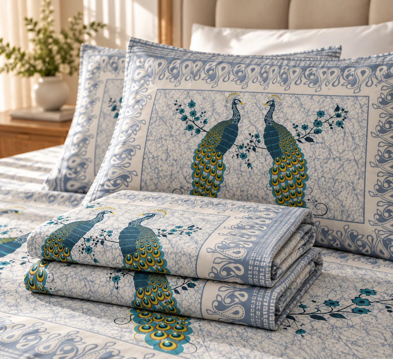 Elegant Peacock Print Bedsheet Set - Rangshree