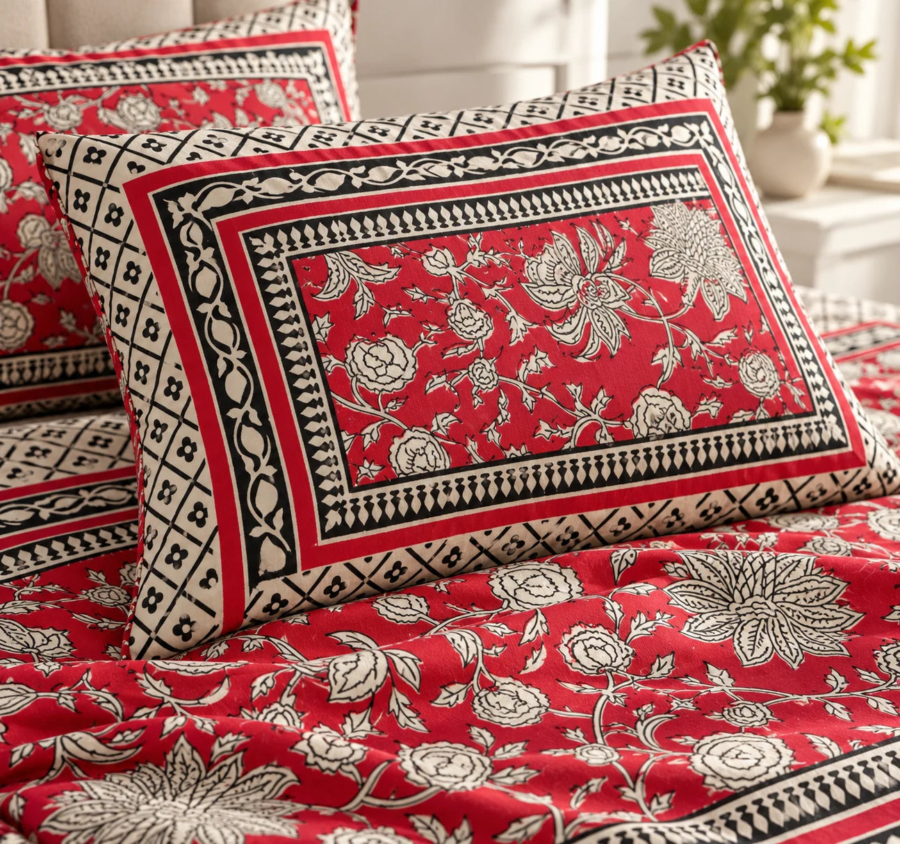 Crimson Bloom Floral Printed Bedsheet Set - Rangshee