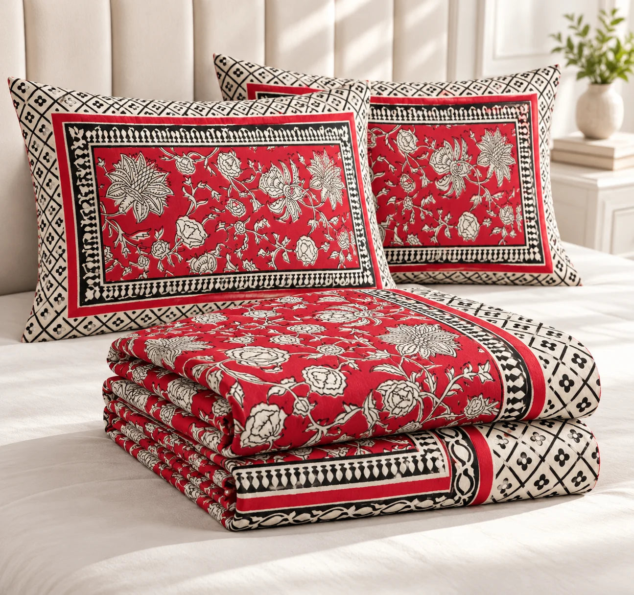 Crimson Bloom Floral Printed Bedsheet Set - Rangshee