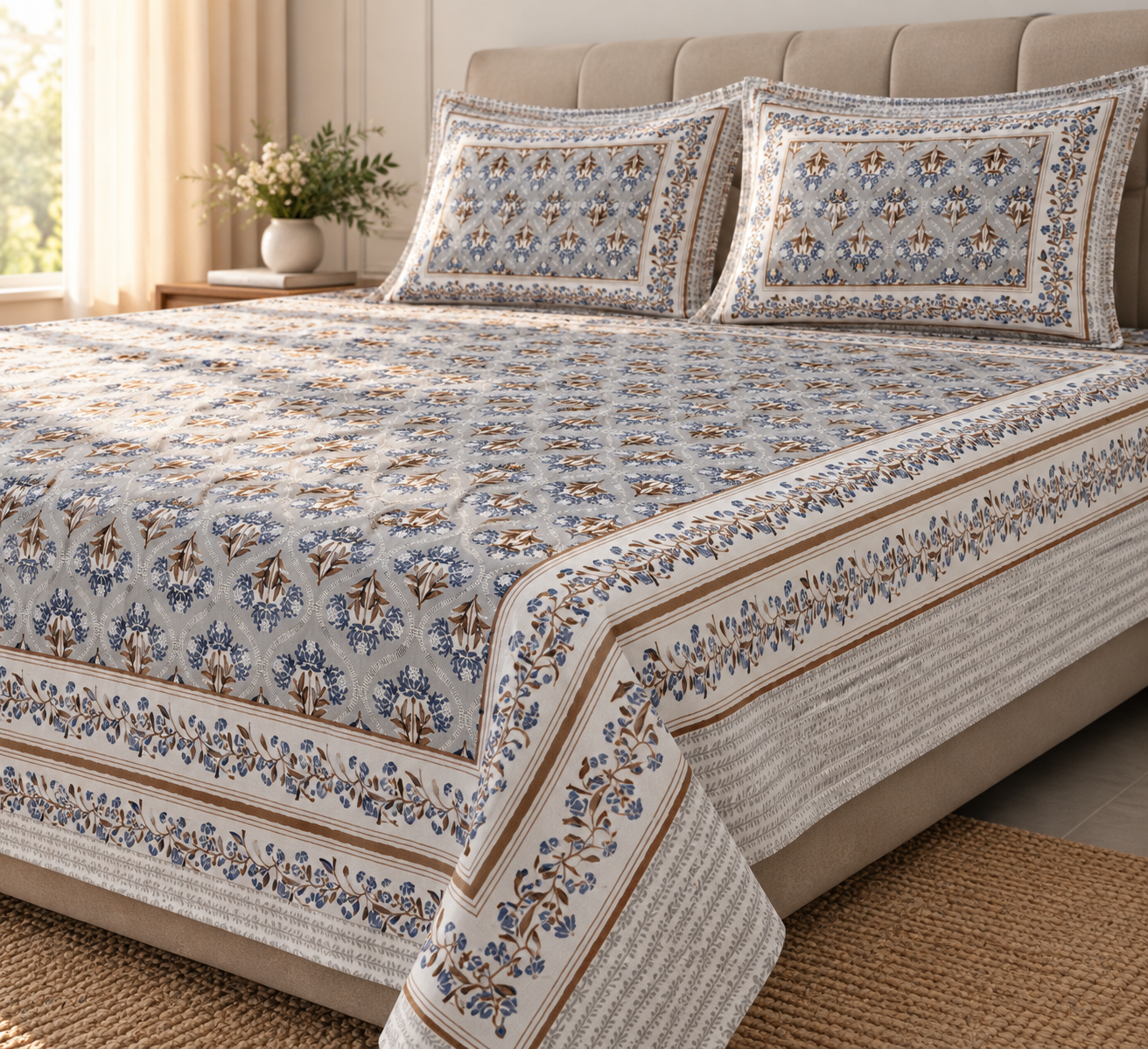 Elegant Blue & Ivory Floral Printed Bedsheet Set