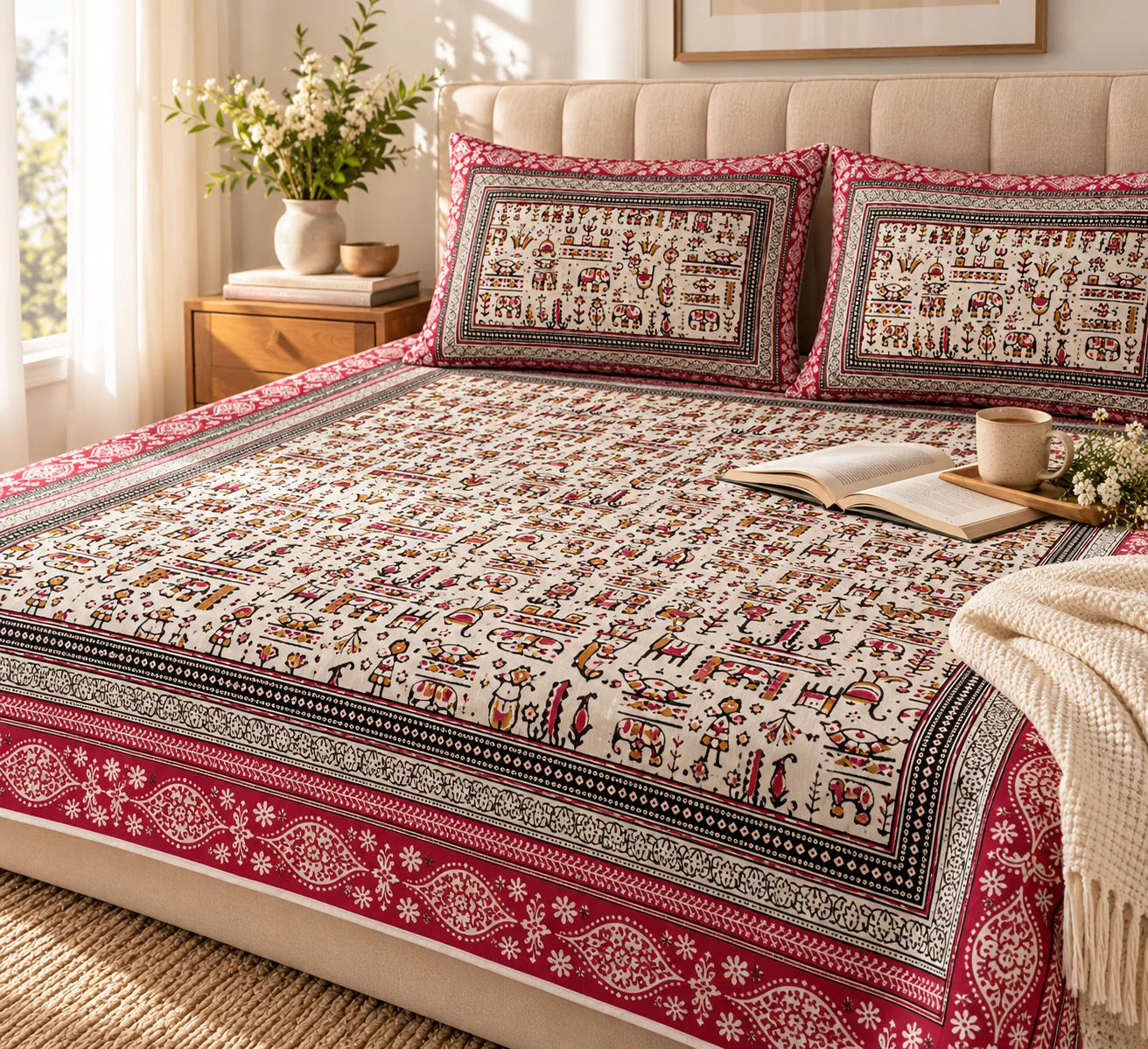 Maroon & Ivory Traditional Folk Art Printed Bedsheet Set - Rangshee
