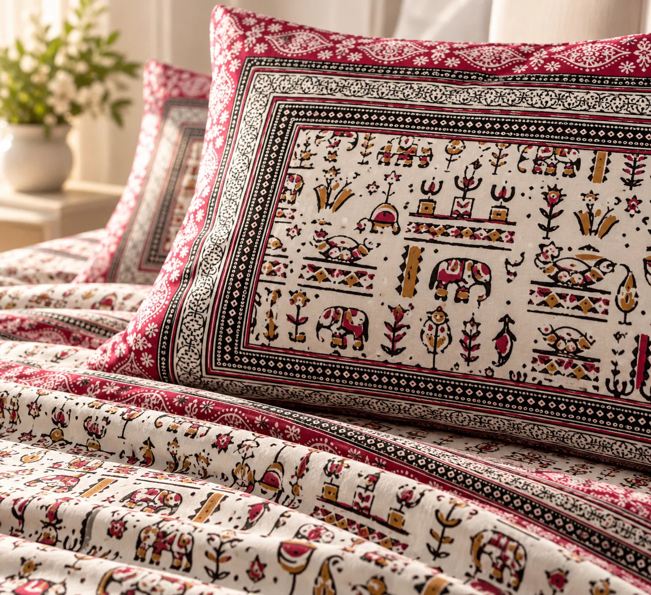 Maroon & Ivory Traditional Folk Art Printed Bedsheet Set - Rangshee