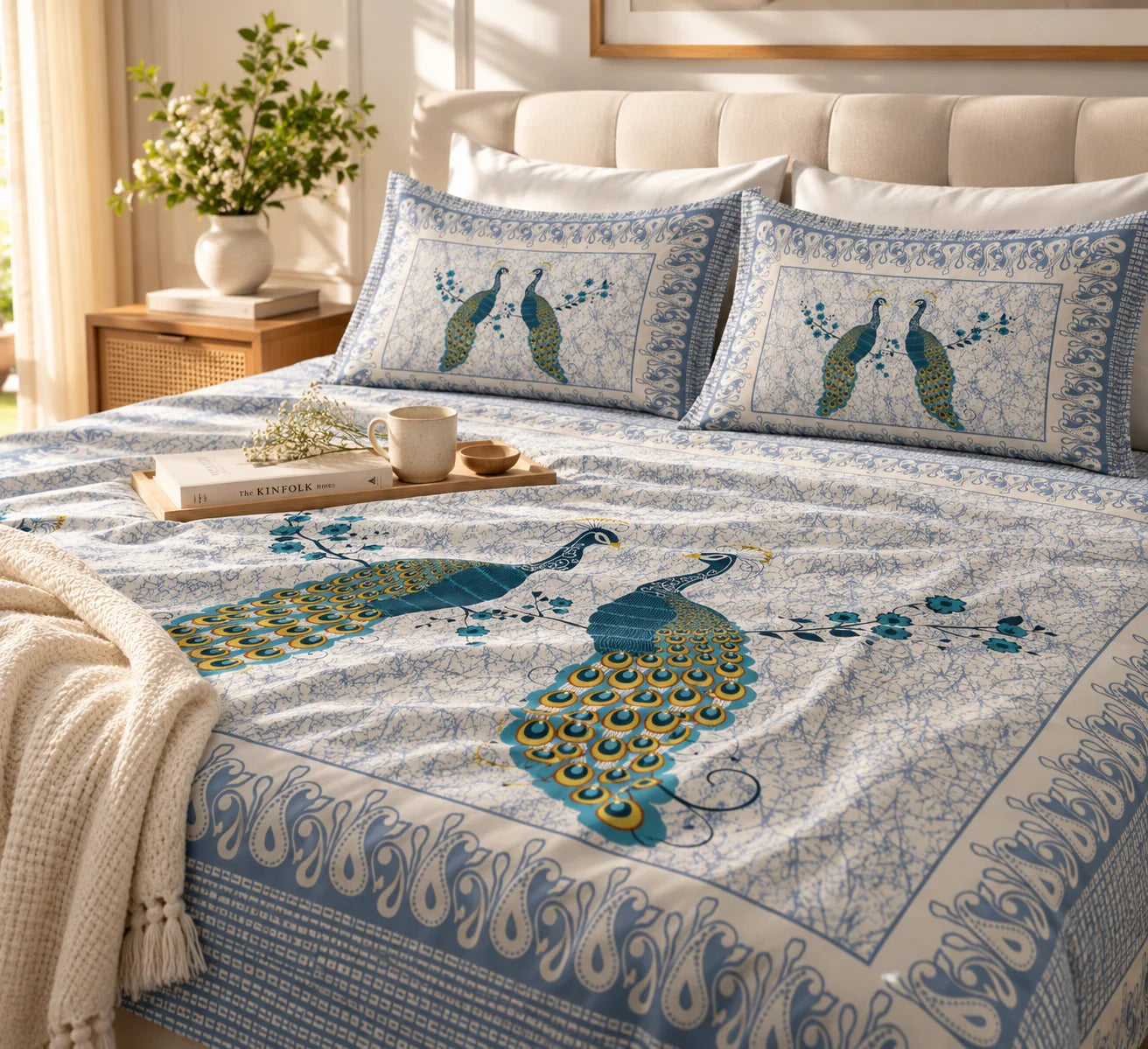 Elegant Peacock Print Bedsheet Set - Rangshree